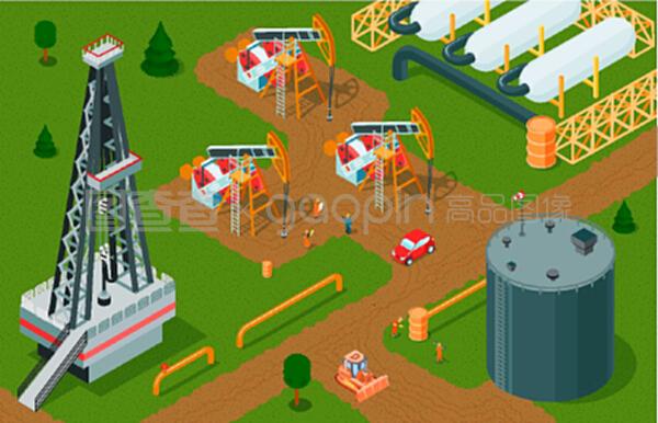 等距石油工業水平組成與石油生產設施儲存和工廠建筑泵千斤頂矢量插圖